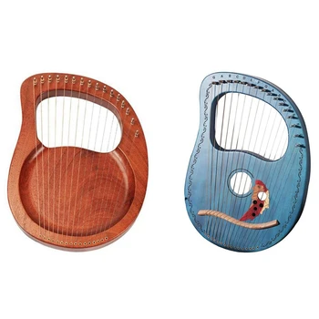 

2 Pcs 16 String Wooden Lyre Harp Strings Instrument with Tuning Wrench, Wood Color & Coral Blue