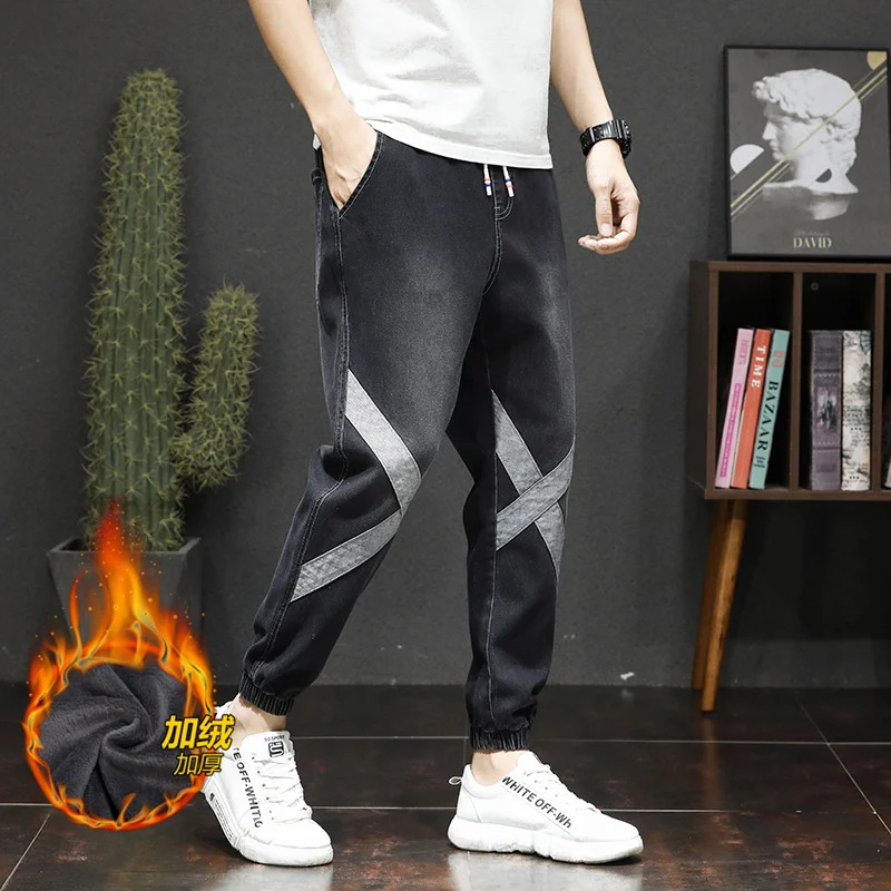 2020 Autumn Winter Men's Cotton Elastic Jeans Plush Thicken Denim Pants Patchwork Quality Casual Warm Velvet Leggings Trousers