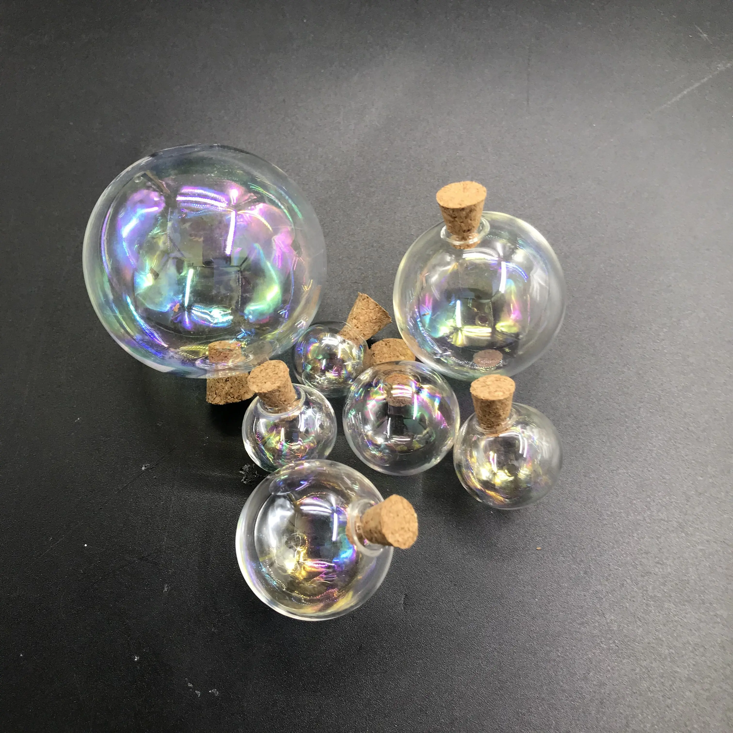 3pcs 14-40mm Rainbow glass round ball bottle with cork glass vial pendant necklace perfume oil globes dome wedding decor
