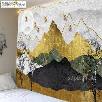 

Tree Landscape Simple Golden Mountains Wall Tapestry Wall Hanging Tapestry Scenic Curtain Wall Art Decor Beach Mat Tablecloth