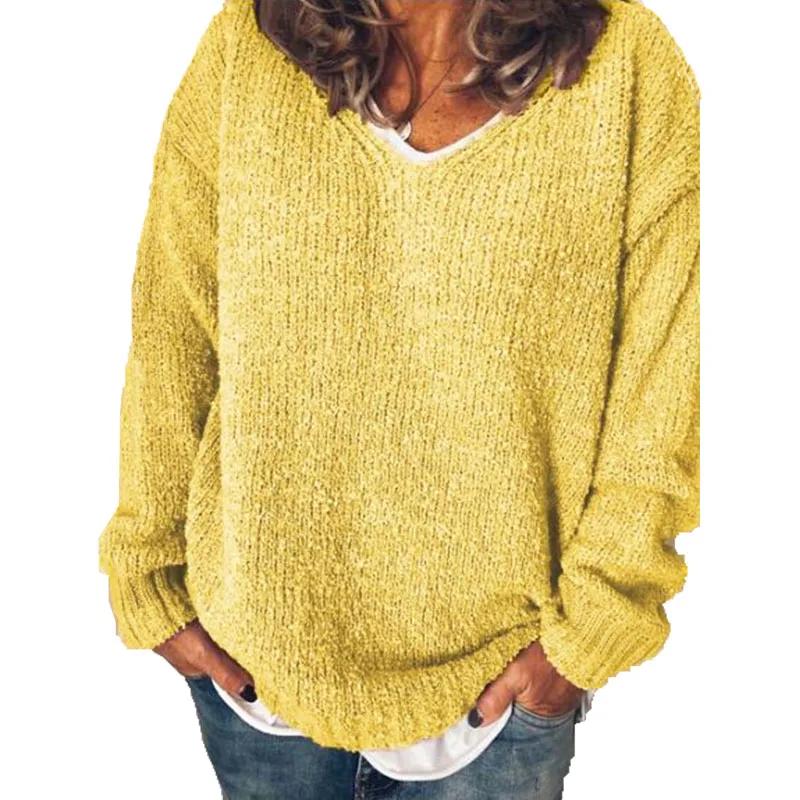 ZANZEA осенний модный свитер Женский Повседневный v-образный вырез длинный рукав вязаный пуловер однотонный свободный джемпер свитера Топы женские 5XL - Цвет: Цвет: желтый