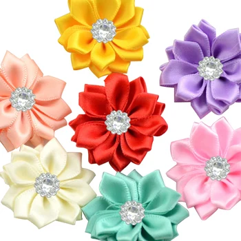 

20pcs Pink/White/Off-White handmade small satin rhinestone fabric flowers for craft wedding party appliques garment accessories