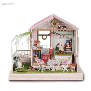 

DIY Frame Invitation Card Dream Park Dollhouse Wooden Building Model Kits Mini Totoro Handmade Doll House Crafts LED Light A022