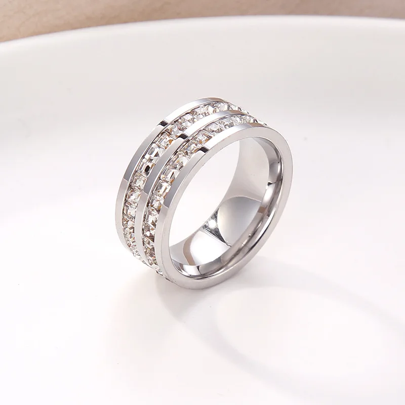 Double Crystal Woman Fashion Ring Rose Gold Filled Titanium Steel Rings for Women Finger Rings Fashion Rings Fashion Ring Crystal Rings Metal Rings Titanium Steel Rings