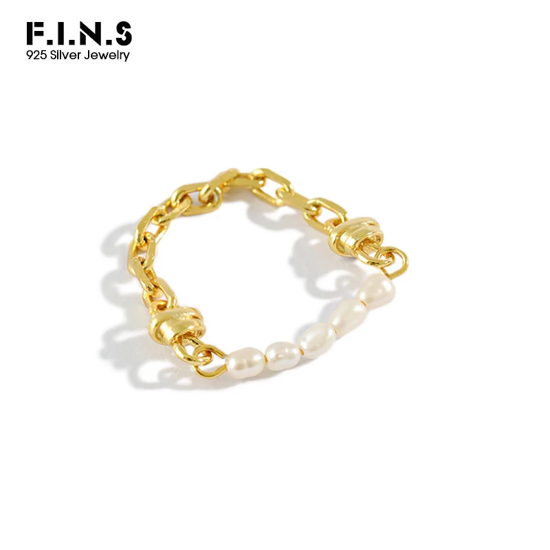 

F.I.N.S Korean Style Woman S925 Sterling Silver Ring Baroque Freshwater Pearl Chain Link Finger Rings for Women Decoration