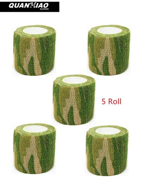 QuanMiao 5 Roll Camouflage Tape Self-adhesive Wrap Military Camo Stretch Bandage for Gun Rifle Camping Hunting Equipment 4Colour Grass Green