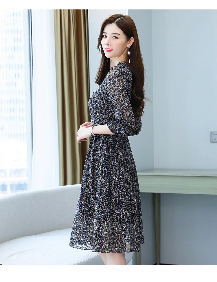 2022 חדש אלגנטי Bodycon המפלגה Vestidos Womem פרחוני שיפון מזדמן חוף Midi שמלת סתיו החורף קוריאני בציר שמלת בגדים