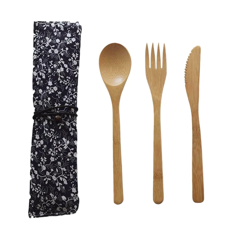 

Wood Dinnerware Set Bamboo Fork Knife Soup Teaspoon Cutlery Set with Cloth Bag