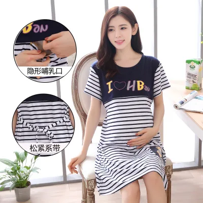

Summer Short-sleeved Time of Childbirth Skirt Pure Cotton Thin Pregnant Women Nightgown Postpartum Nursing Stripes Nursing Dress