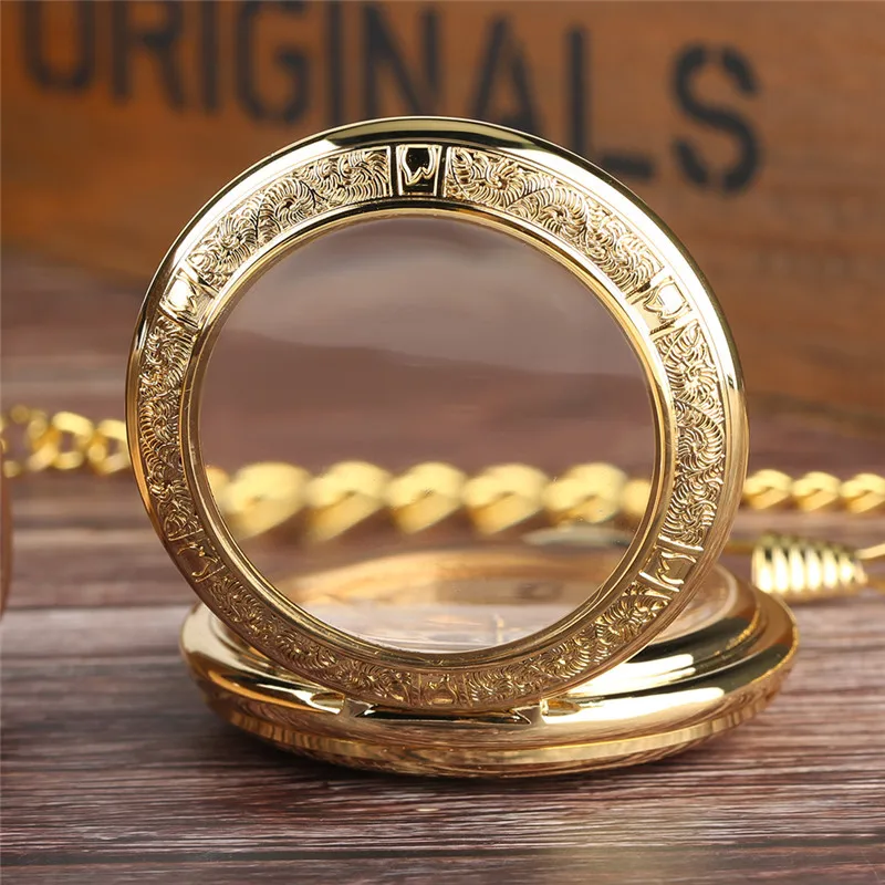 Luxury Transparent Hunter Hand-Wind Mechanical Pocket Watch for Men Women Fob Pendant Clock with Chain Wedding Gift Bridegroom