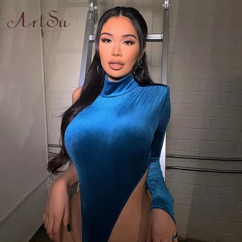 

ArtSu Blue Velvet Turtleneck Sexy Bodysuit One Shouler Tops Party Clubwear Romper Womens Jumpsuit Female Body Suit ASJU60638