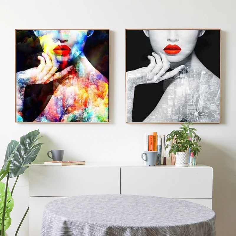 

Canvas Painting Abstract Portrait Posters and Prints Sexy Nude Woman Red Lip Wall Pictures for Living Room Cuadros Home Decor