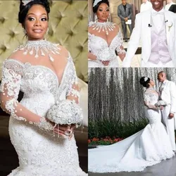 Plus Size Mermaid Wedding Dresses 2021 African Arabic High Neck Long Sleeve Lace Crystal Luxury Bridal Gown Vestidos De Novia