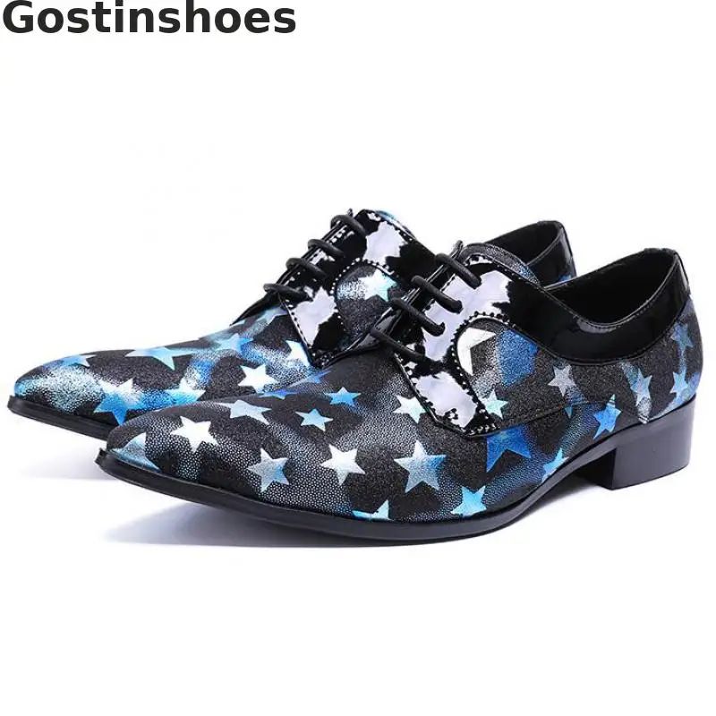 

Fashion Shoes Stars Printed Genuine Leather Casual Derby Shoes Pointed Toe Lace-up Men Leisure Business Shoes For Wedding Party