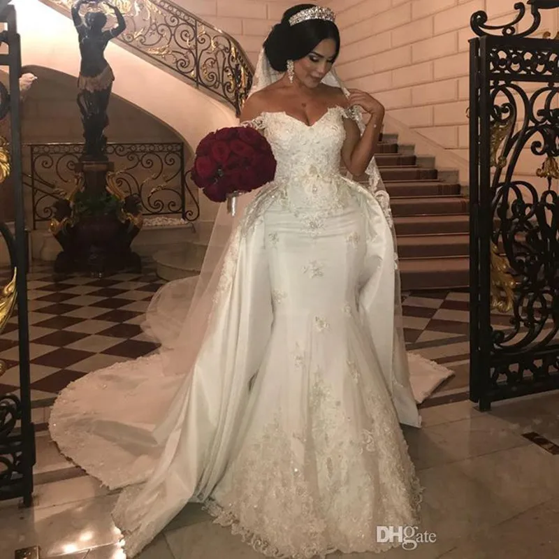 Elegant Mermaid Lace Wedding Dresses Beading Lace V Neck Court Train Bridal Gown 