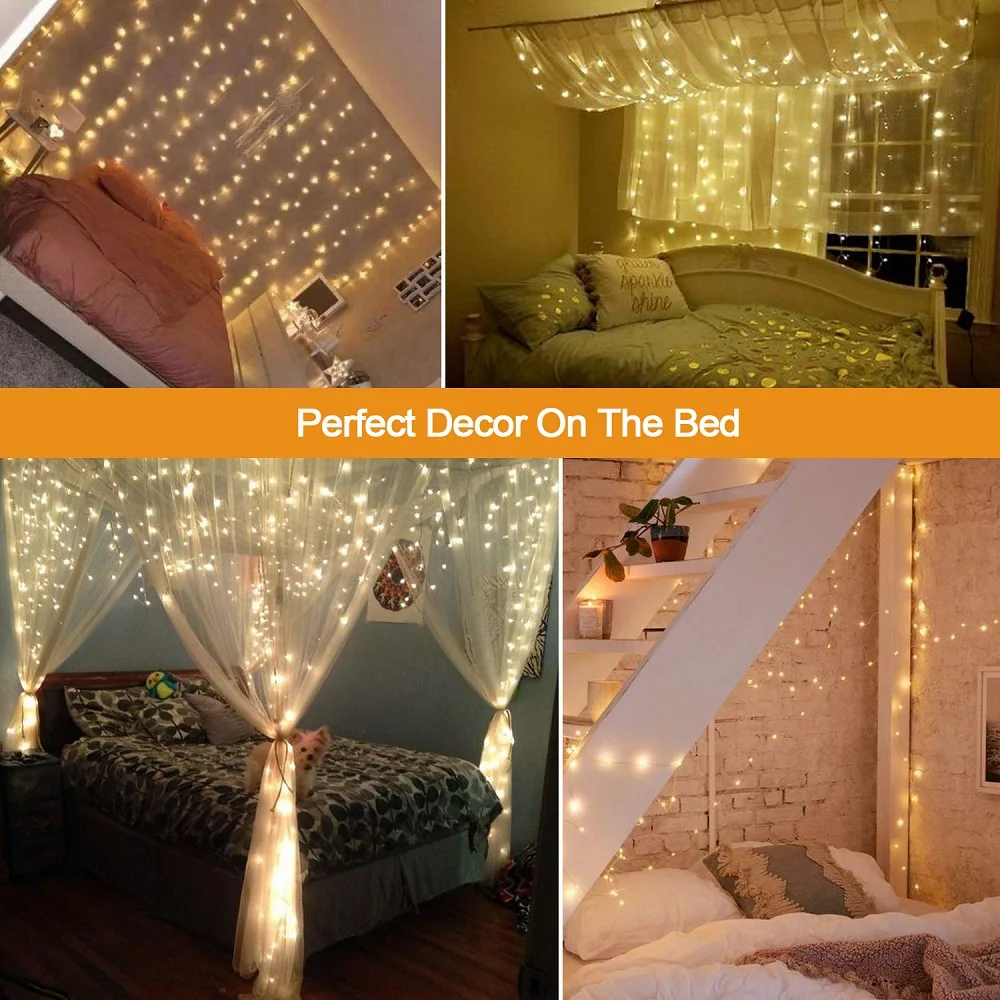 Christmas Window Curtain String Light 3x3m LED Fairy Light Outdoor Music Control/8 Lighting Mode Garland USB Wedding Party Decor