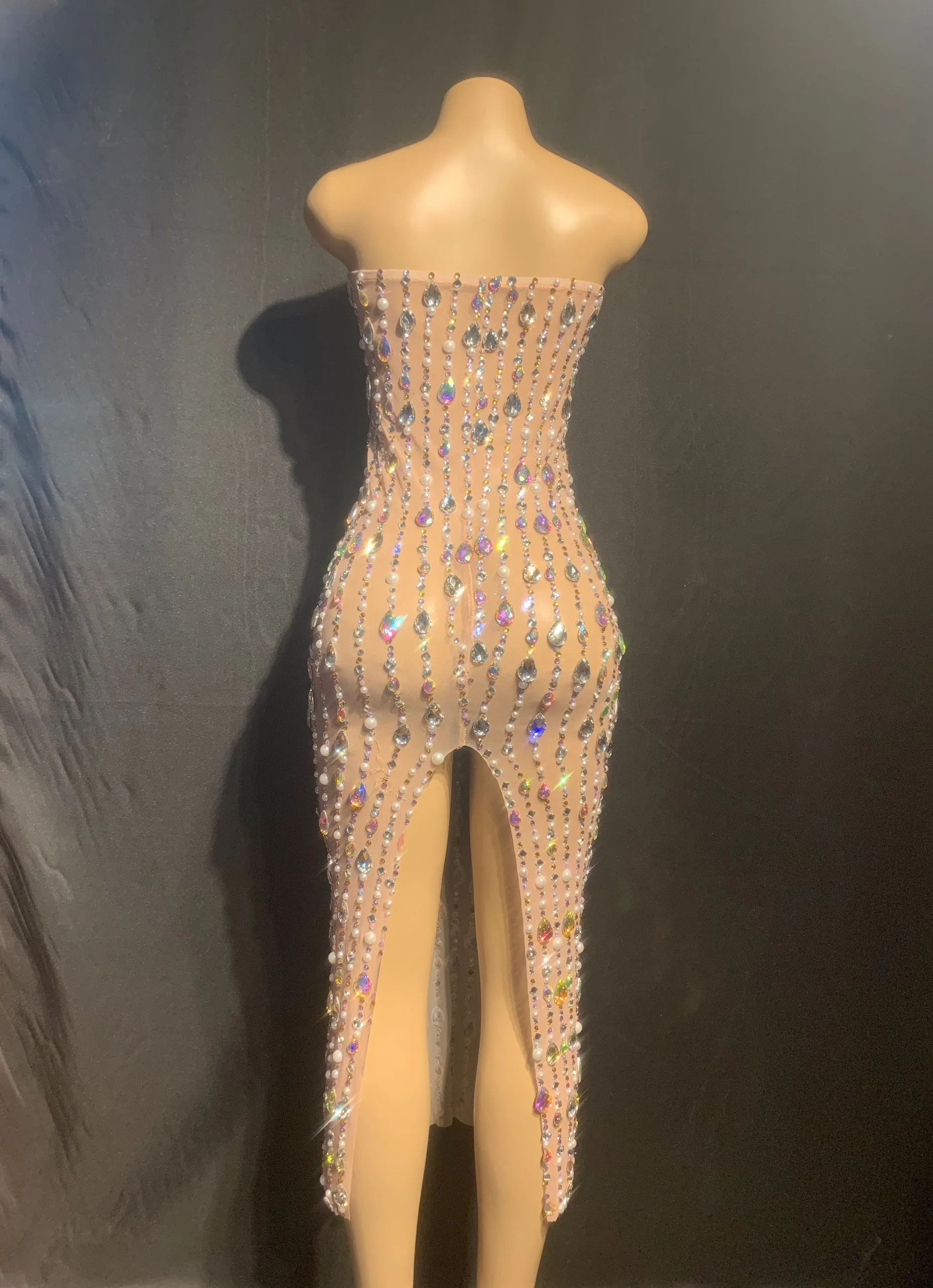Высокое Качество Обнаженная без бретелек Сияющий Бисер Bodycon платье DJ Клубные вечерние танцевальный костюм
