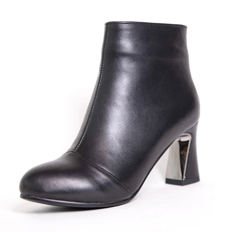 

Genuine Leather Ankle Boots Women Autumn Winter High Thick Heel Shoes G271 Fashion Woman Round Toe Black Green Side Zipper Boots