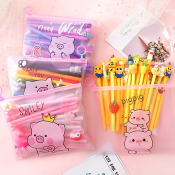 

10pcs Lovely Rubber Toy Gel Pens + 20Refills And Cute Pig Pencil Bag Kawaii Stationery Set For Children School Supply 0.5mm