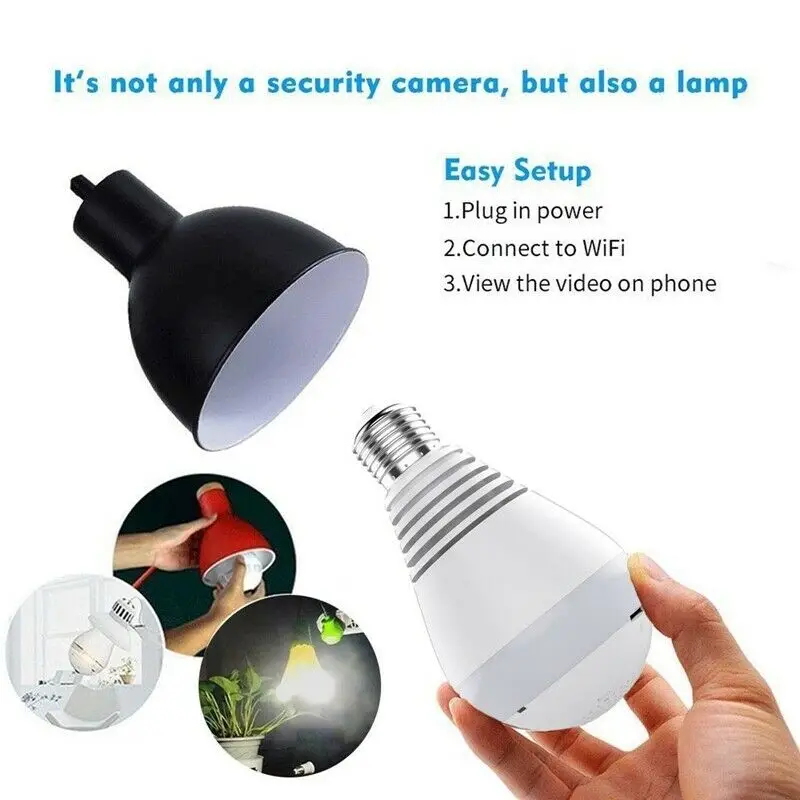 1080P Wifi Hidden IP Camera Bulb Panoramic Home Security Spy Cam Light LED Bulb 