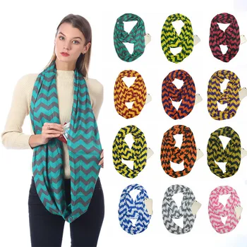 

Winter Scarf Fashion Women Classic Solid Color Stripe Printing Zipper Storage Pocket Chiffon Scarf Sjaals Voor Dames
