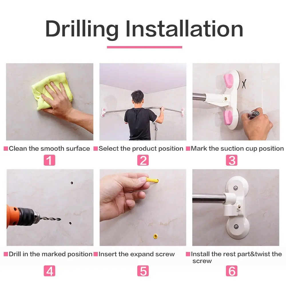 Curved Corner Shower Curtain Rod Suction Cups Bathroom Arched Bath Rail