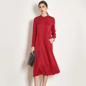 

red real silk dresses women natural silk 2019 high quality girls work boho shirt dress loose elegant plus size long sleeve