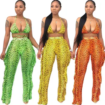 

ZKYZWX Sexy Neon Leopard Print Two Piece Set Halter Bandage Crop Top and Ruffles Pants Suit Women Festival Clothing Streetwear