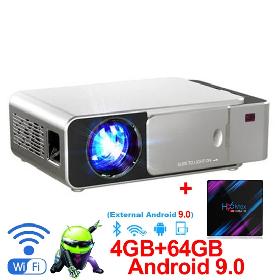 External add 64G S WZATCO T6 Android 9,0 wifi дополнительно 3000 люмен 720p HD Портативный светодиодный проектор HDMI Поддержка 4K 1080p проектор для домашнего кинотеатра - Цвет: External add 64G S