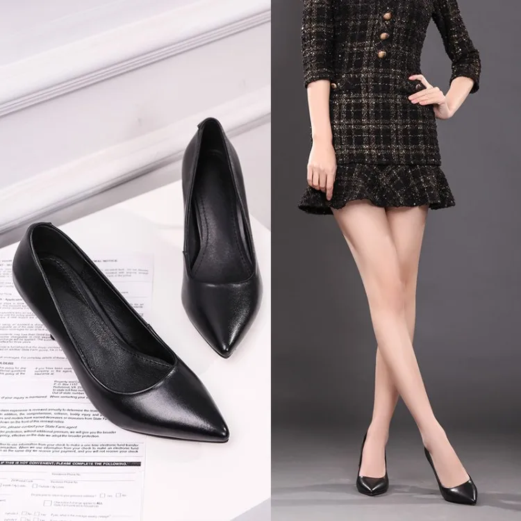 

A Genuine Leather Work Shoes Airline Stewardess Shoes Shallow Mouth Pointed Fine Full-grain Leather Tendon Outsole High Heel Sho