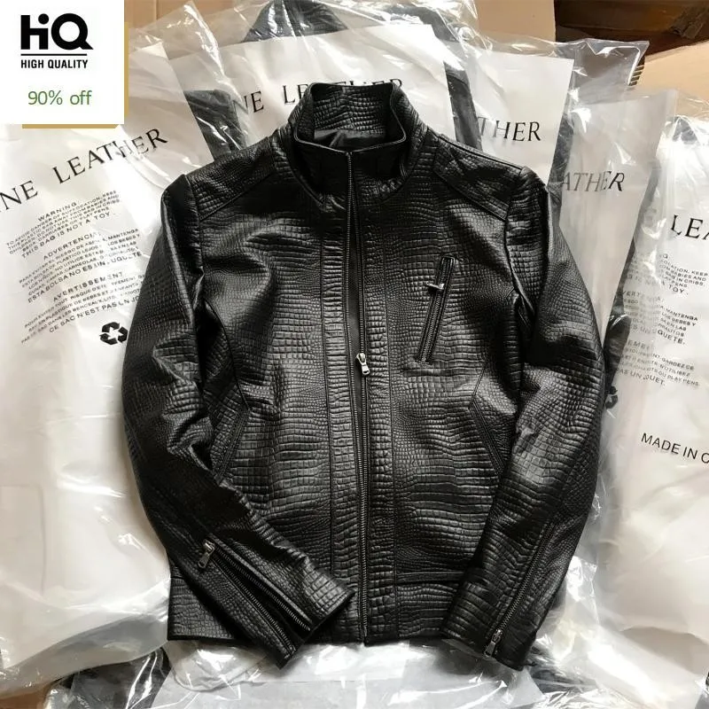 

Top Brand Men Slim Fit Crocodile Pattern Sheepskin Genuine Leather Biker Jacket Stand Collar Coats Windproof Motorcycle Jackets