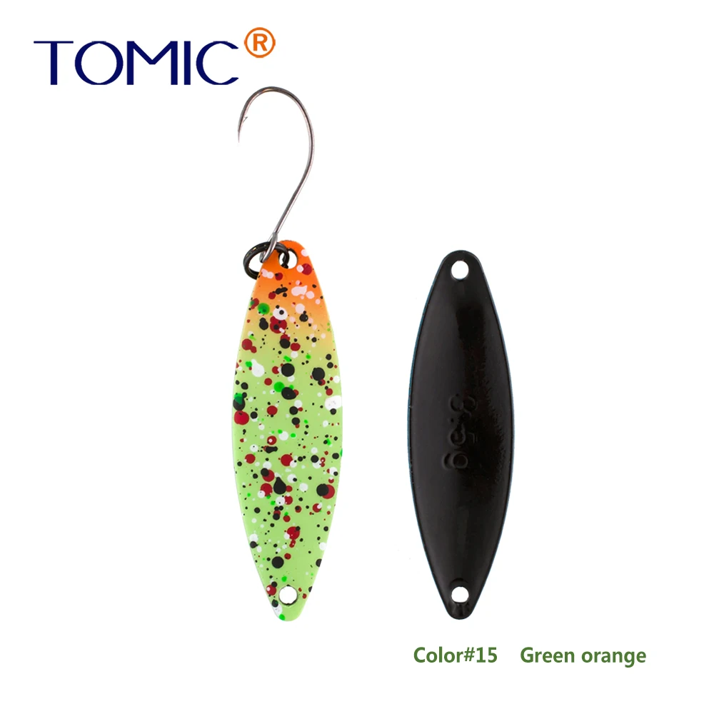 Tomic 1 шт. 1,6 г 2,7 г 3,5 г микро узкие латунные металлические ложки УФ сверкающие цвета окунь форель области один крючок рыболовные приманки Pesca - Цвет: green orange