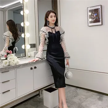 

Autumn Korea New Fashion Women 2019 Sexy Bow Flare Sleeve Office Dress Dot Patchwork Ruffles Bodycon Elegant Dress