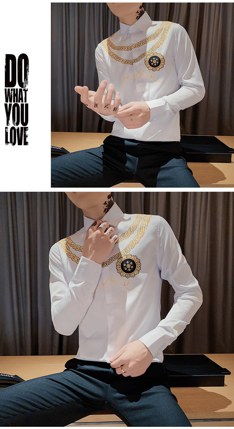 Gold Print Luxury Men Shirt Casual Slim Fit Long Sleeve Male Dress Shirts Club Work Vintage Tuxedo Shirt Camisa Social Masculina