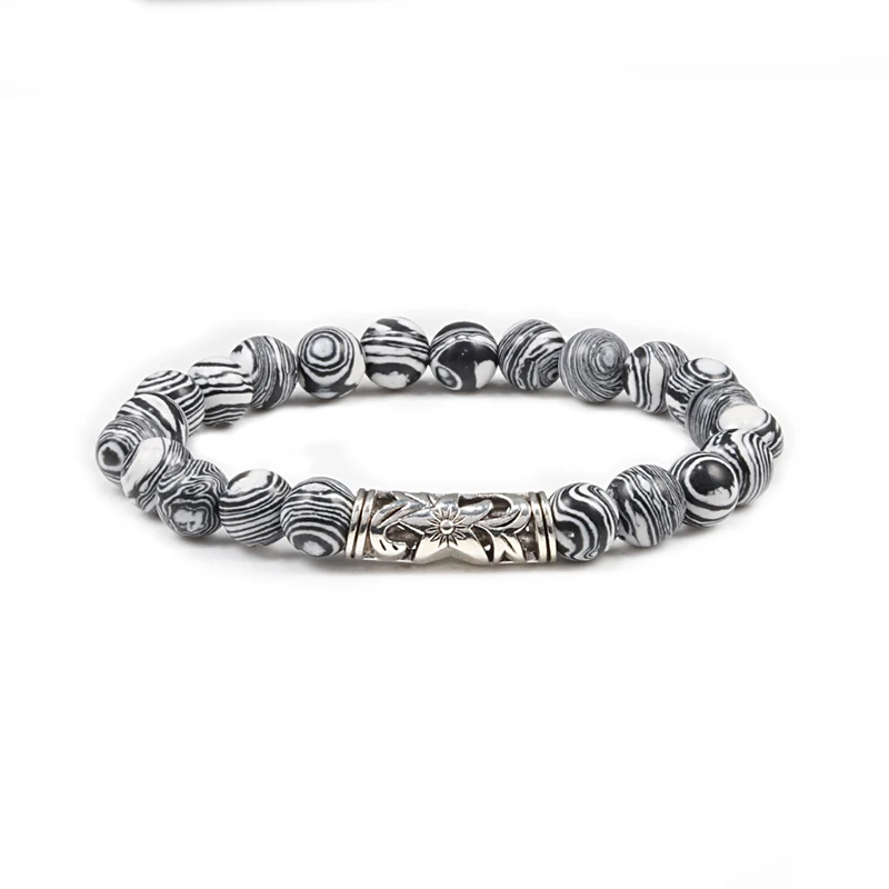 Gray Malachite Мода тигровый глаз камень браслеты черный белый натуральный вулканический камень Бусины Браслет-нитка с шармом для женщин мужчин наручные ювелирные изделия - Окраска металла: Gray Malachite