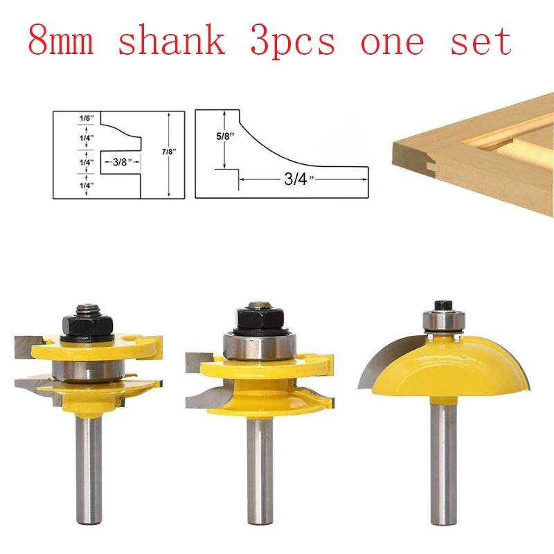 

3pcs Rail & Stile With Panel Bit Router Bit Set - Ogee - 8mm Shank Woodworking cutter Tenon Cutter for Woodworking Tools