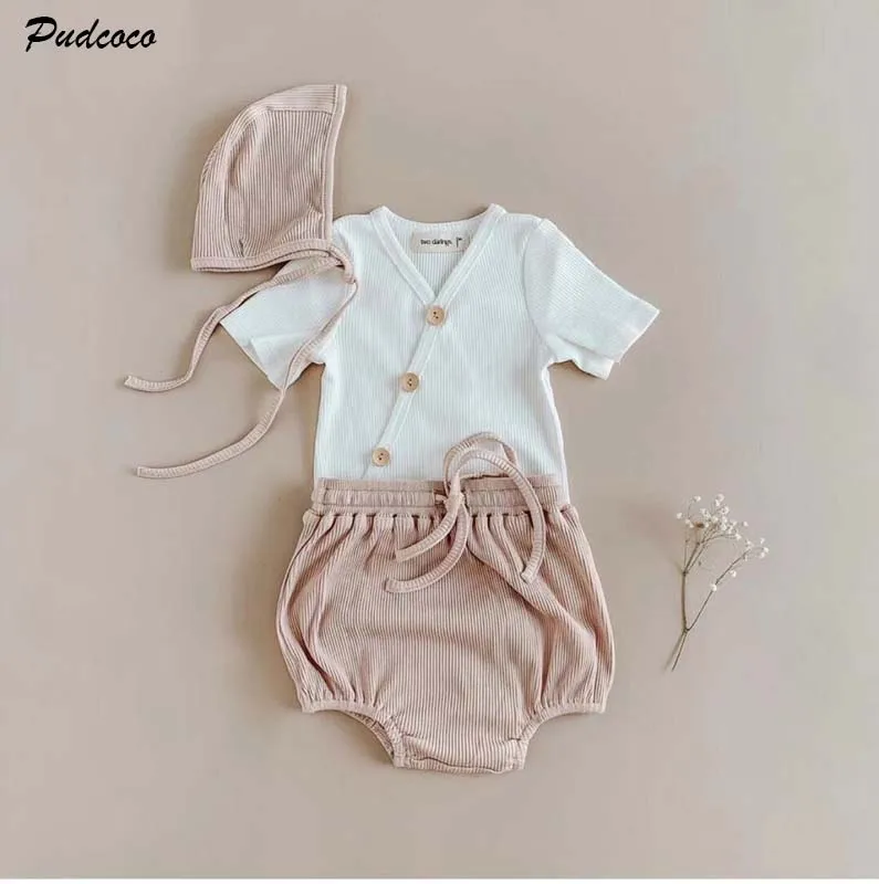 2020 0-24M Infant 3Pcs Short Sleeve Playsuit Tops+Shorts Hats Baby Boy Girl Clothes Sets Cotton Solid Summer Sotf Outfit Set | Детская