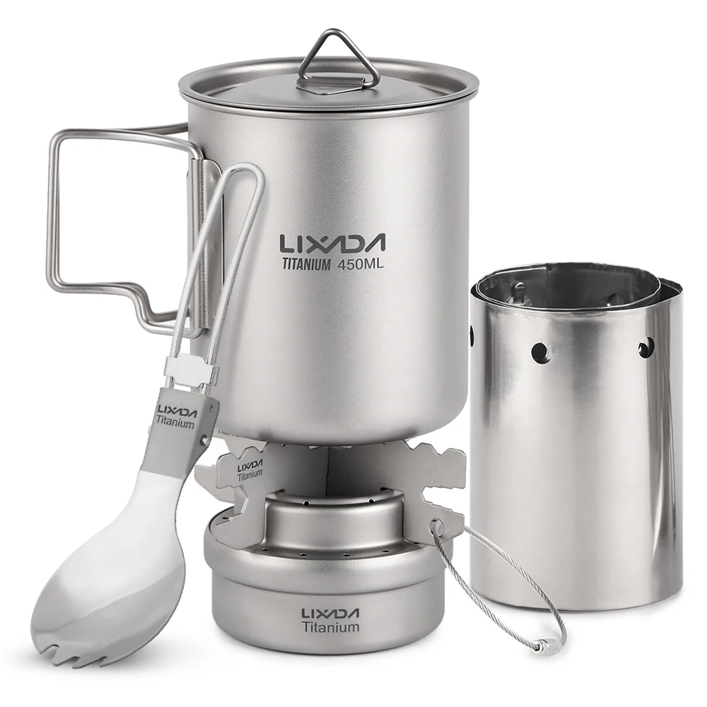 

5pcs Outdoor Camping Cookware Set 750ml Pot Alcohol Stove Stand Rack with Foldable Spork and Windscreen
