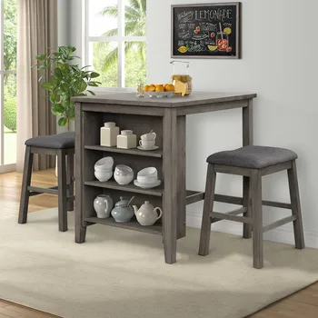 

Topmax 3 Piece Square Dining Table Dark Gray Modern Dining Kitchen Furnitures With Padded Stools Table Set With Storage Shelf