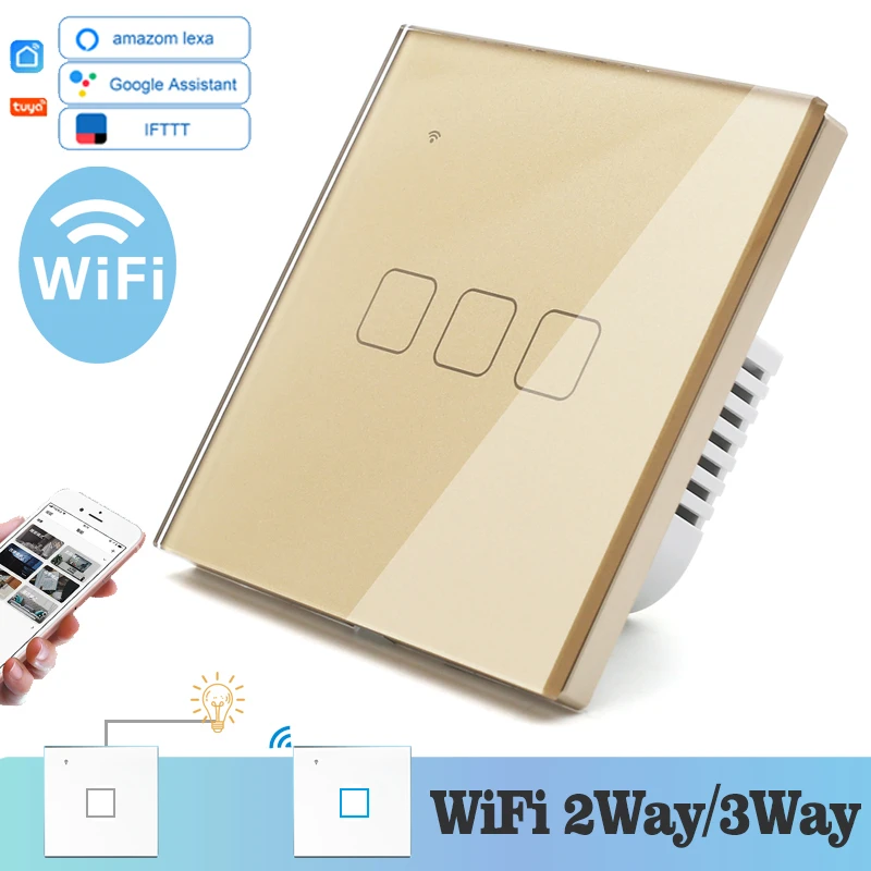 WIFI Touch Light Wall Switch Gold Glass Blue LED Universal Smart Home Phone Control 2 Gang Way relay Square Alexa Google | Обустройство