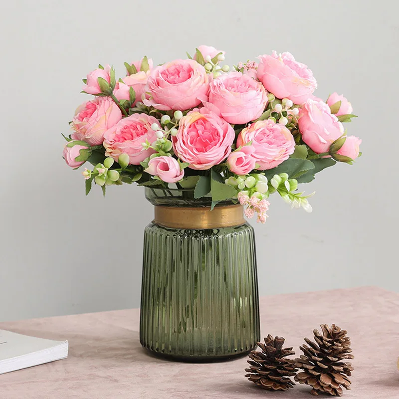 Artificial plants artificial flowers artificial rose petals artificial rose artificial tulip flower artificial flower bouquet artificial flower artificial leaves artificial branches 1pcs/30cm rose pink silk bouquet peony artificial flower 5 big head 4 small bud bride wedding home decoration