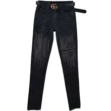 Женские джинсы, джинсовые штаны, синие, с высокой талией, тянущиеся, для девушек, узкие брюки, яркие, украшенные бриллиантами, узкие брюки