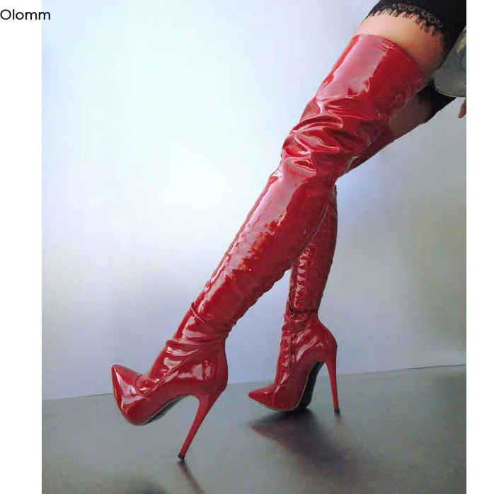 Olomm/новые женские блестящие сапоги до бедра сапоги на высоком каблуке-шпильке Великолепная красная Клубная обувь с острым носком женская обувь, большие американские размеры 5-15