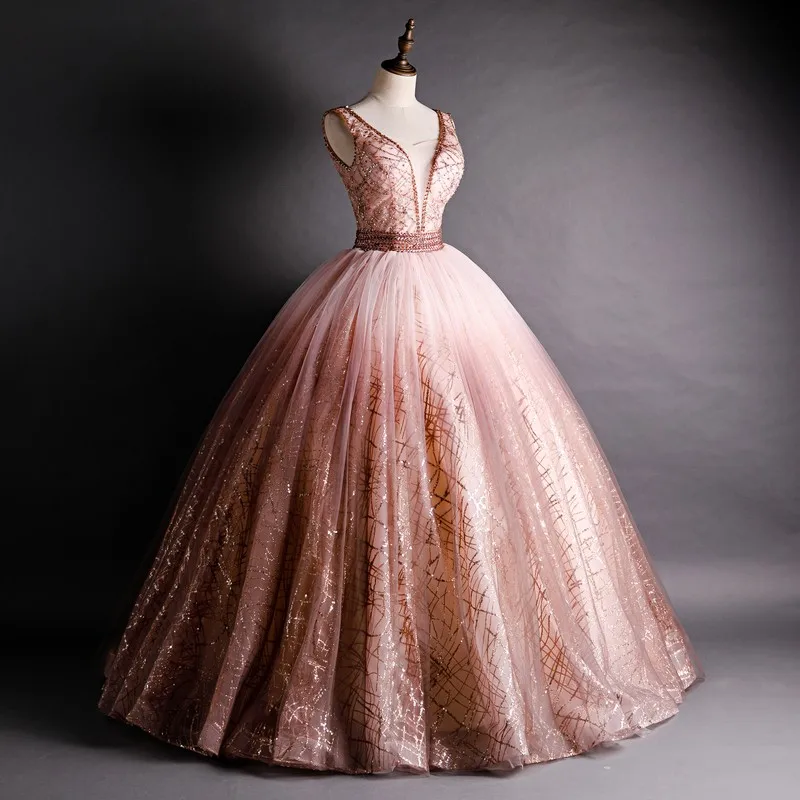 Quinceanera Dresses Luxury Deading Bling Bling Sequins Sleeveless V-neck Party Prom Ball Gown Vintage