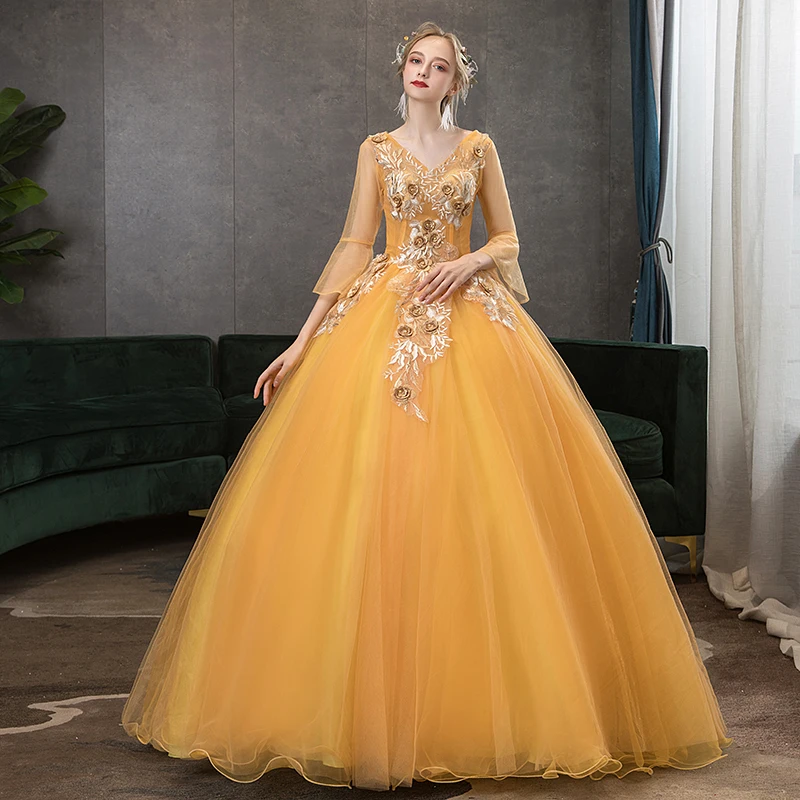 

Mrs Win Quinceanera Dresses 2019 New The Party Prom Formal Full Sleeve Sexy V-neck Ball Gown Luxury Embroidery Plus Size Dress