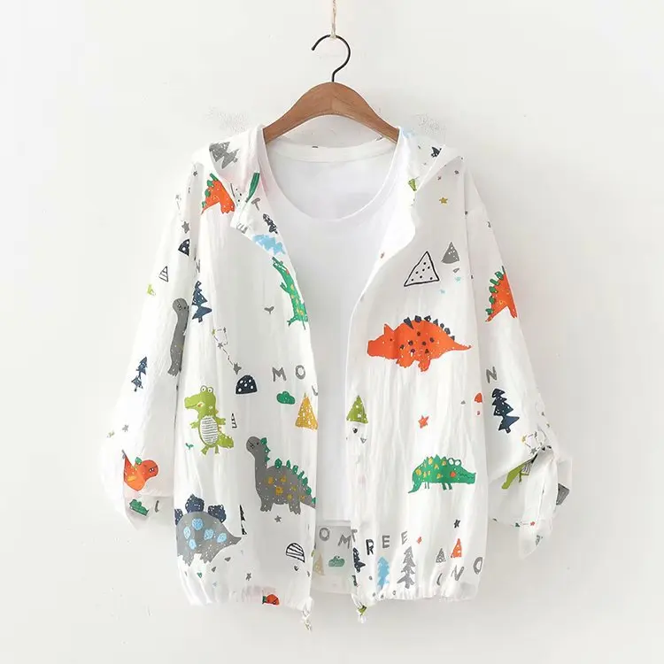 

2020 Summer Wear College Style Playful Dinosaur Printed Cartoon Hooded Short Light Jacket Student Coat