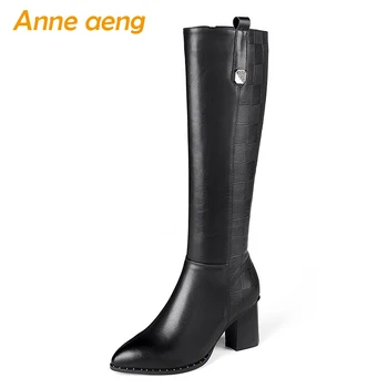 

2019 New Winter Genuine Leather Women Knee-High Boots High Heels Pointed Toe Zip Sexy Ladies Women Shoes Black Motorcycle Boots