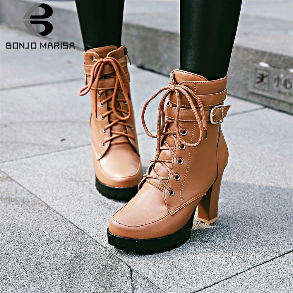 

BONJOMARISA New Big Size 34-43 Elegant Ladies Platform Booties lace-up High Chunky Heels Boots Women 2019 OL Shoes Woman