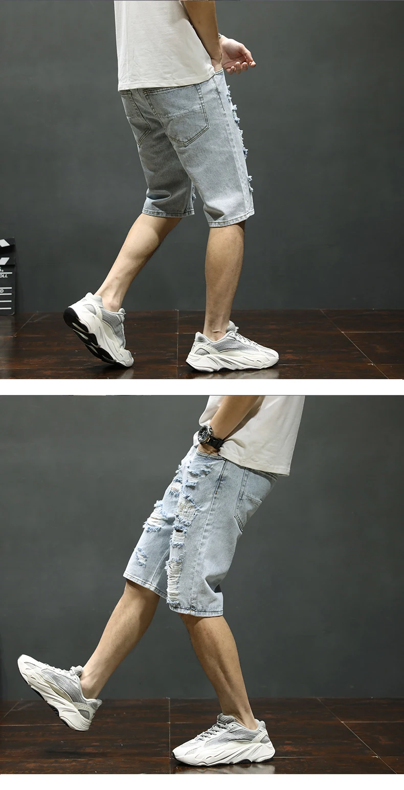 KSTUN Mens Ripped Short Jeans Light Blue Distressed Hollow Out Brand Clothing Cotton Shorts Men
