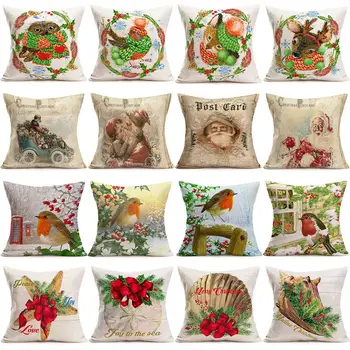

Christmas Farmhouse Linen Square Print Pillow Case Decorative Xmas Cushion Cover